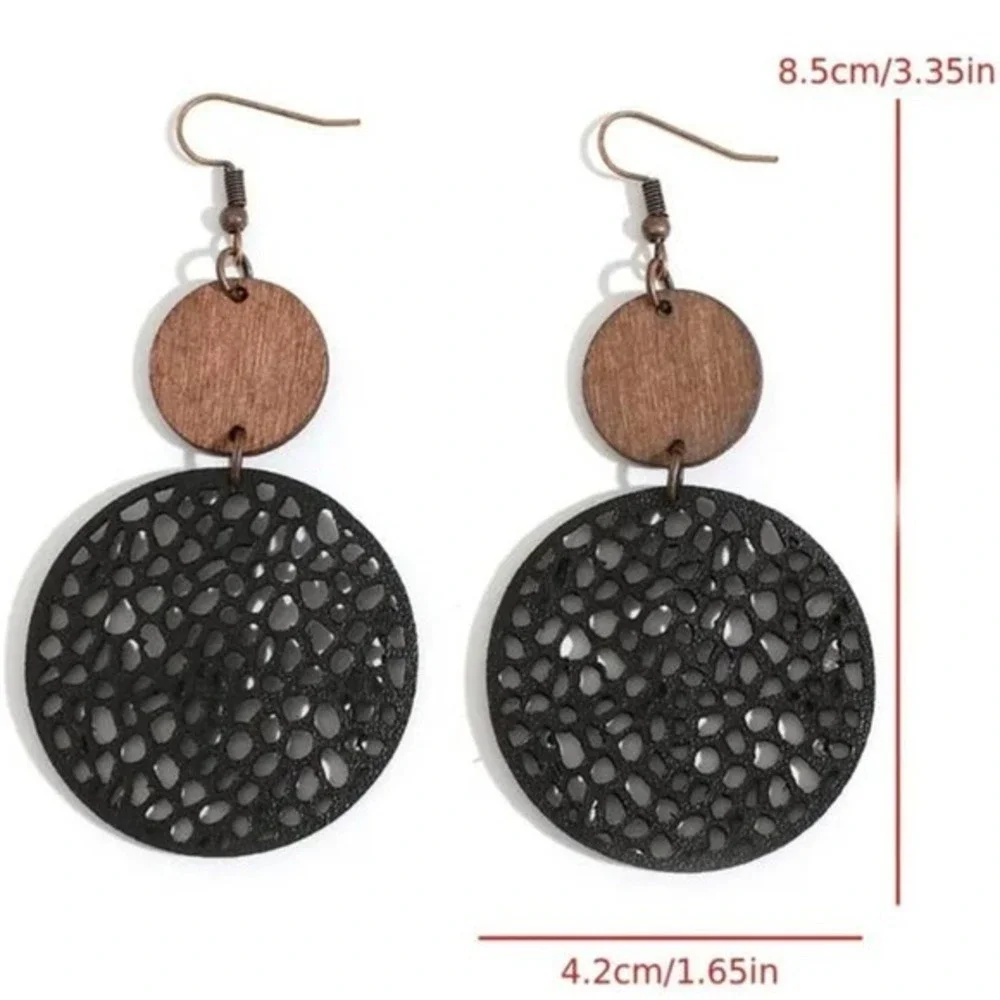 Black Brown Wooden Leather‎ Boho Dangle Drop Earrings Circles Lightweight